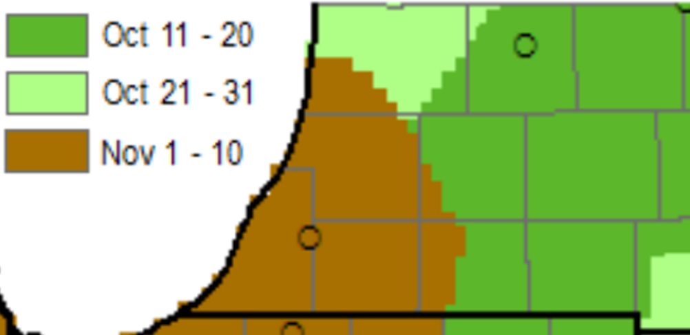 Median date of earliest 28 degree freeze in southwest Michigan.